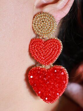 Artisan Handmade Drop Double Red Heart Gold Circle Earrings